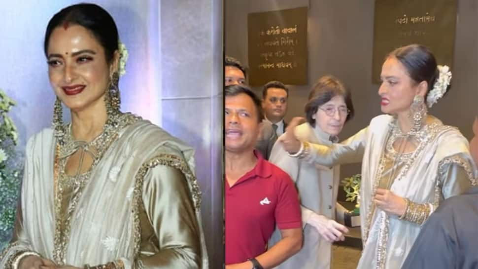 Rekha Steals Limelight In Golden Attire &amp; Gajra Look, Playfully &#039;Slaps&#039; A Man After Posing For Selfie - VIRAL VIDEO