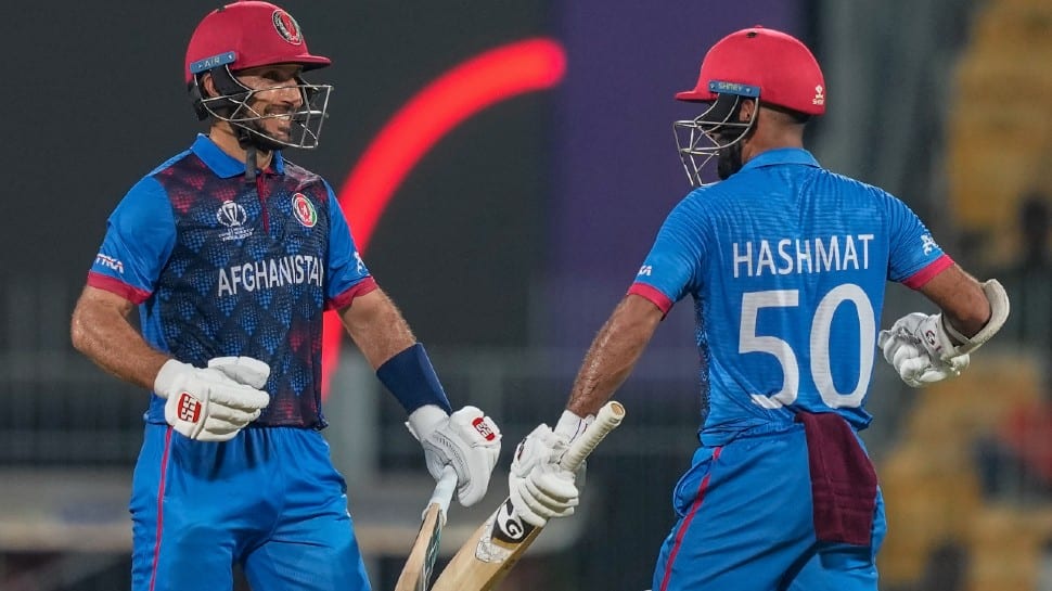 This is the first time that the top 3 Afghan batters have scored 50-plus in the same innings in an ODI World Cup match. Rahmat Shah (left) ended up with 77 not out against Pakistan in Chennai. (Photo: AP)