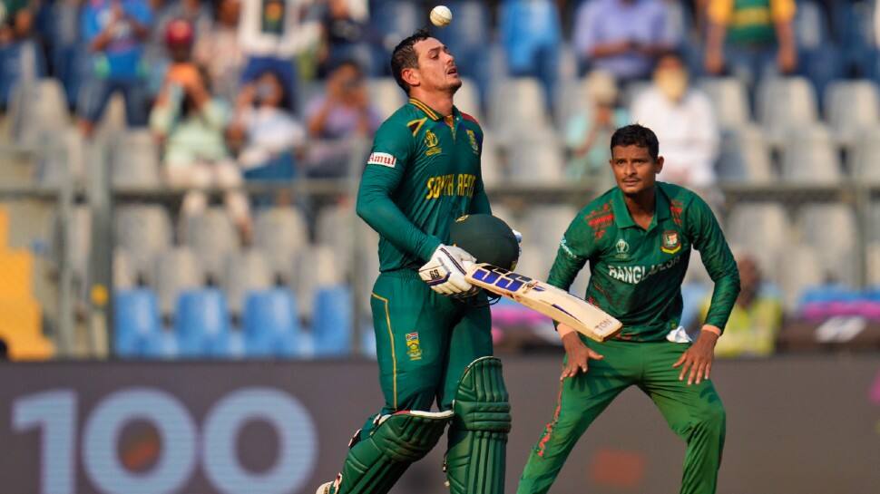 Quinton de Kock’s 174 against Bangladesh is the highest score by a wicket-keeper batter in the ODI World Cup. He surpassed Adam Gilchrist’s record of 149 runs, which he made against Sri Lanka in 2007 World Cup final. (Photo: AP)