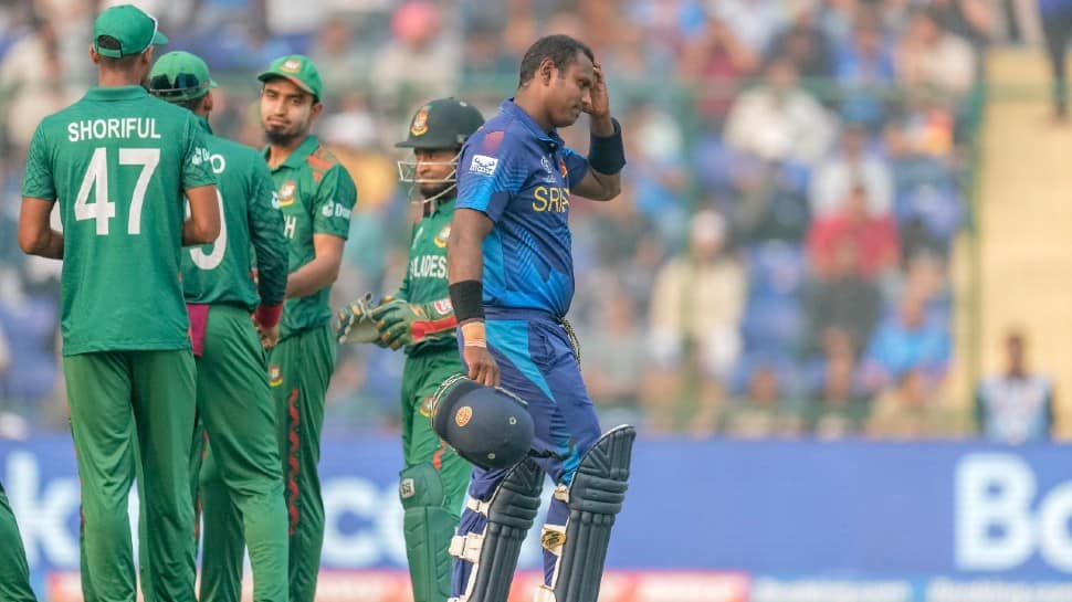 Sri Lanka all-rounder Angelo Mathews became the first-ever batter in the history of international cricket to be given 'timed out' in ICC Cricket World Cup 2023 match vs Bangladesh at the Arun Jaitley Stadium in New Delhi on Monday. (Photo: AP)