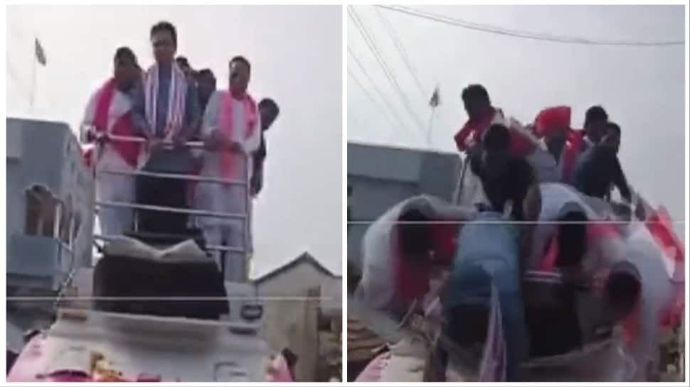 WATCH- KTR&#039;s Fortunate Escape As He Topples From Campaign Vehicle In Telangana Election Rally