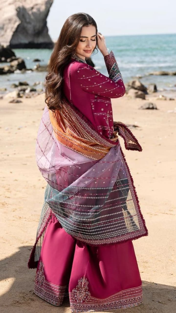 sana javed purple dress 10 Regal Outfits Worn By Sana Javed You Must Add To Your Wedding Wardrobe |  Lifestyle News
