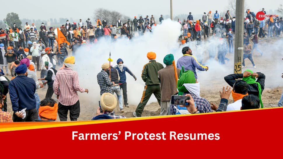 Police Drops Tear Gas Shell To Scatter Farmers Resuming &#039;Dilli Chalo&#039; Protest At Shambhu Border 