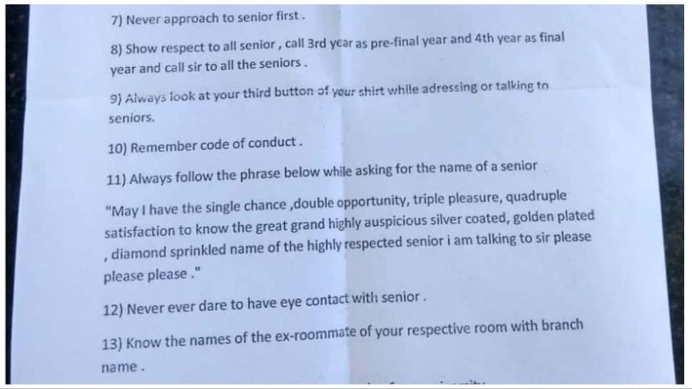 College Ragging? &#039;No Eye Contact, Address Seniors as Sir&#039;: Shocking &#039;Code of Conduct&#039; Sparks Outrage Among Freshers&quot;