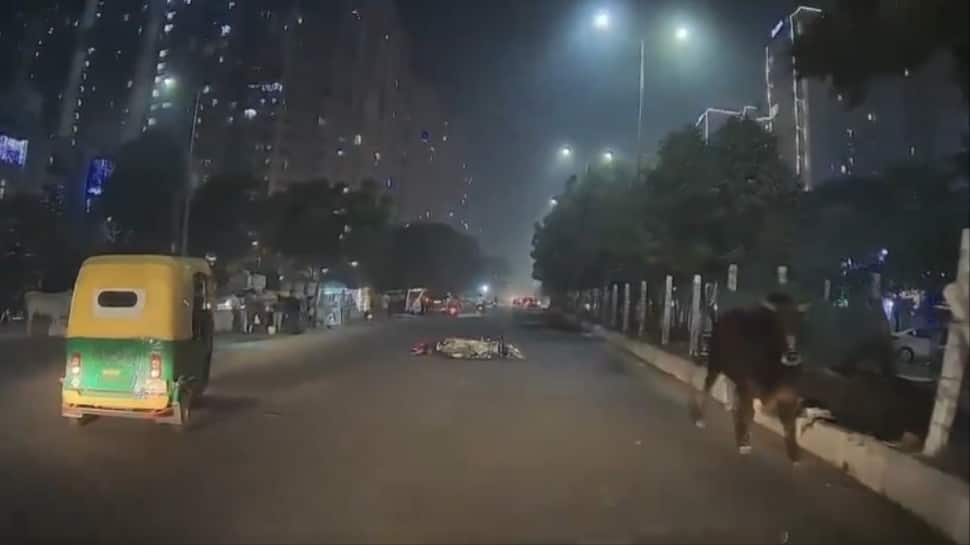 Man Tossed In Air After Crashing His Bike Into Bull In Higher Noida – Watch Viral Video