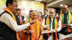 Yogi Adityanath Celebrates Outside BJP Office After UP Bypoll Results 
