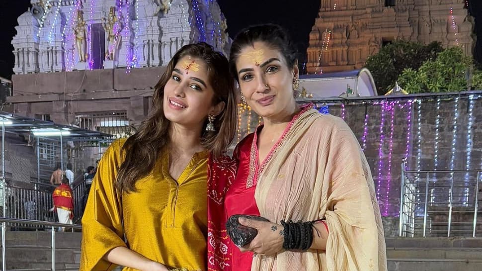 Raveena Tandon And Daughter Rasha Seek Blessings At Mallikarjuna Temple