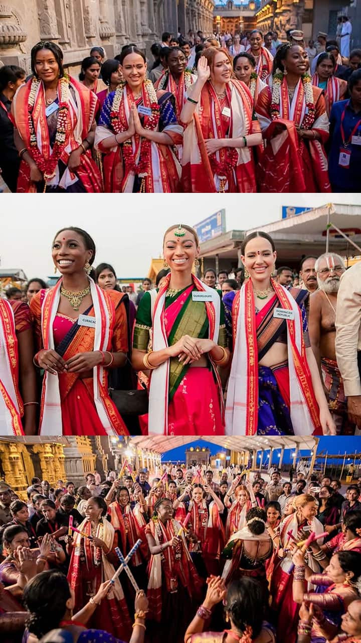 11 Pics Of Miss Word 2025 Contestants In Traditional Wear For Temple Visit