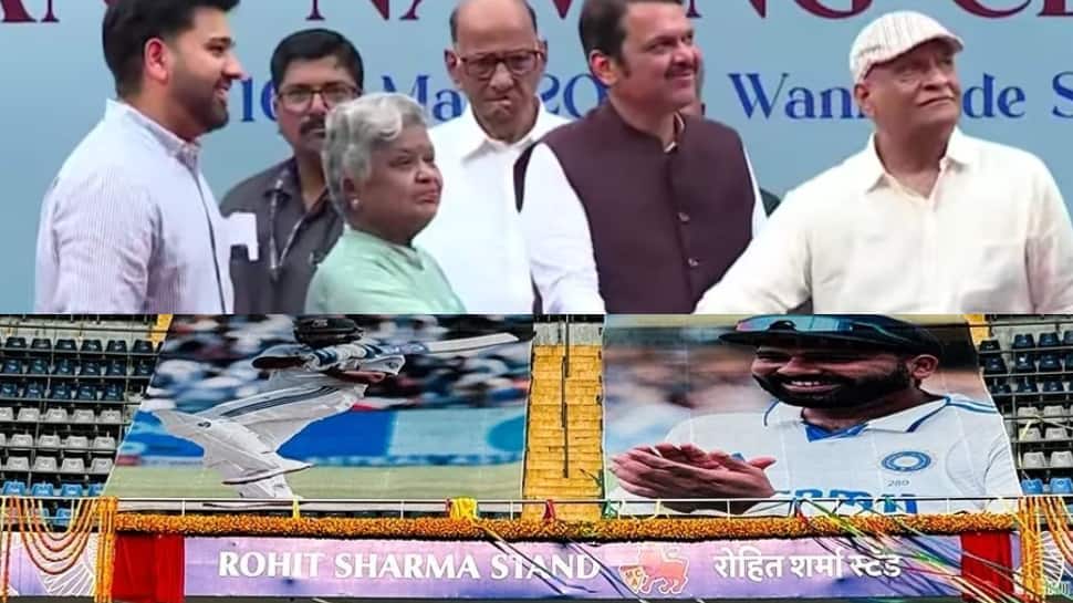 Rohit Sharma 스탠드는 인도의 캡틴 패밀리가있는 Wankhede Stadium에서 공개되었습니다.