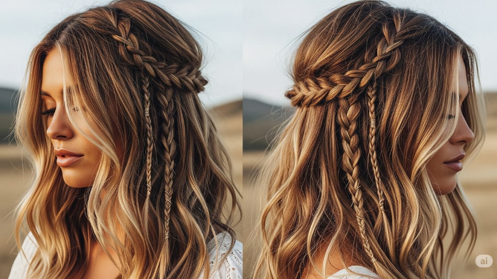 Boho Waves with Accent Braids – Effortless & Earthy