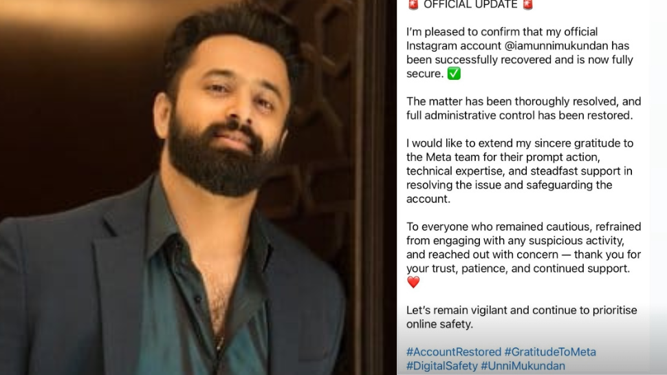 Marco Star Unni Mukundan Regains Control Of Hacked Instagram Account, Cautions Followers On 'Digital Security'