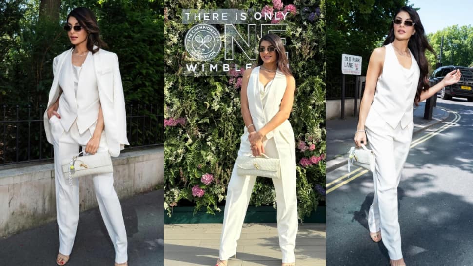 Jacqueline Fernandez Turns Heads In Chic White Pantsuit And Bottega Veneta Clutch Worth Rs 2,60,000 At Wimbledon 2025 - WATCH