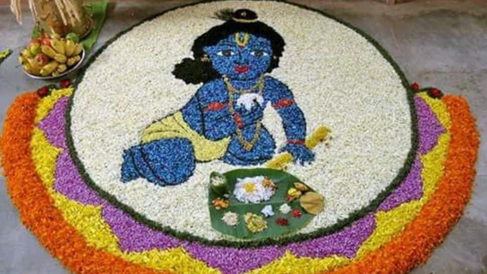 Floral Rangoli with Krishna Motifs