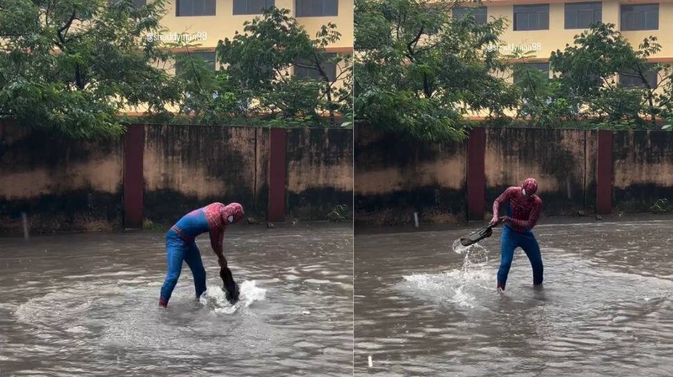 Watch: Mumbai Rains Force `Spider-Man` To Take To Streets To Push Out Rainwater With A Wiper; Video Goes Viral