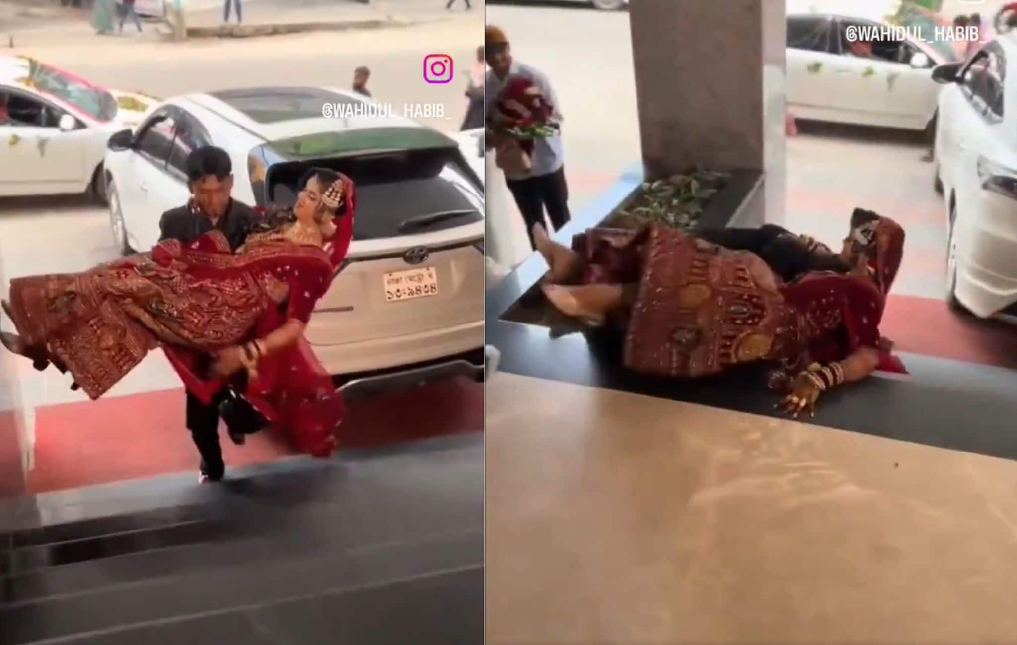 Romantic Move Turns Hilarious: Groom Falls While Lifting Bride, Still Wins Hearts