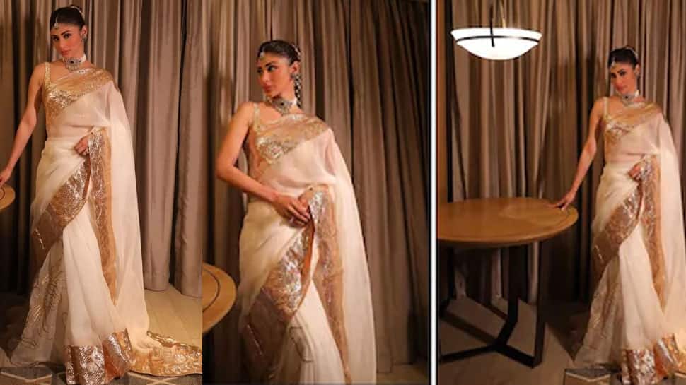 Mouni Roy's Ethereal Ivory-Golden Saree