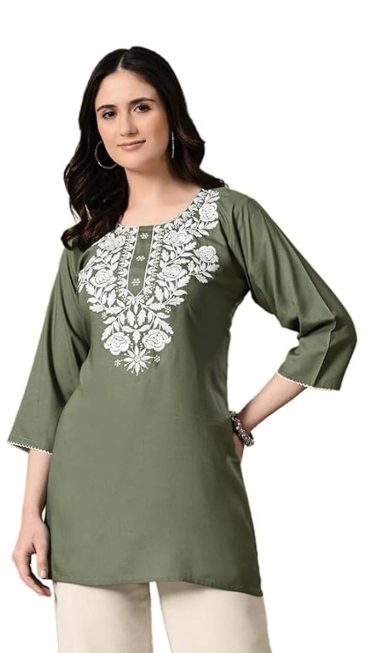 QAZMI Women's Short Kurti – Rayon Cotton Embroidered Tunic Top For Casual & Festive Wear - View #10