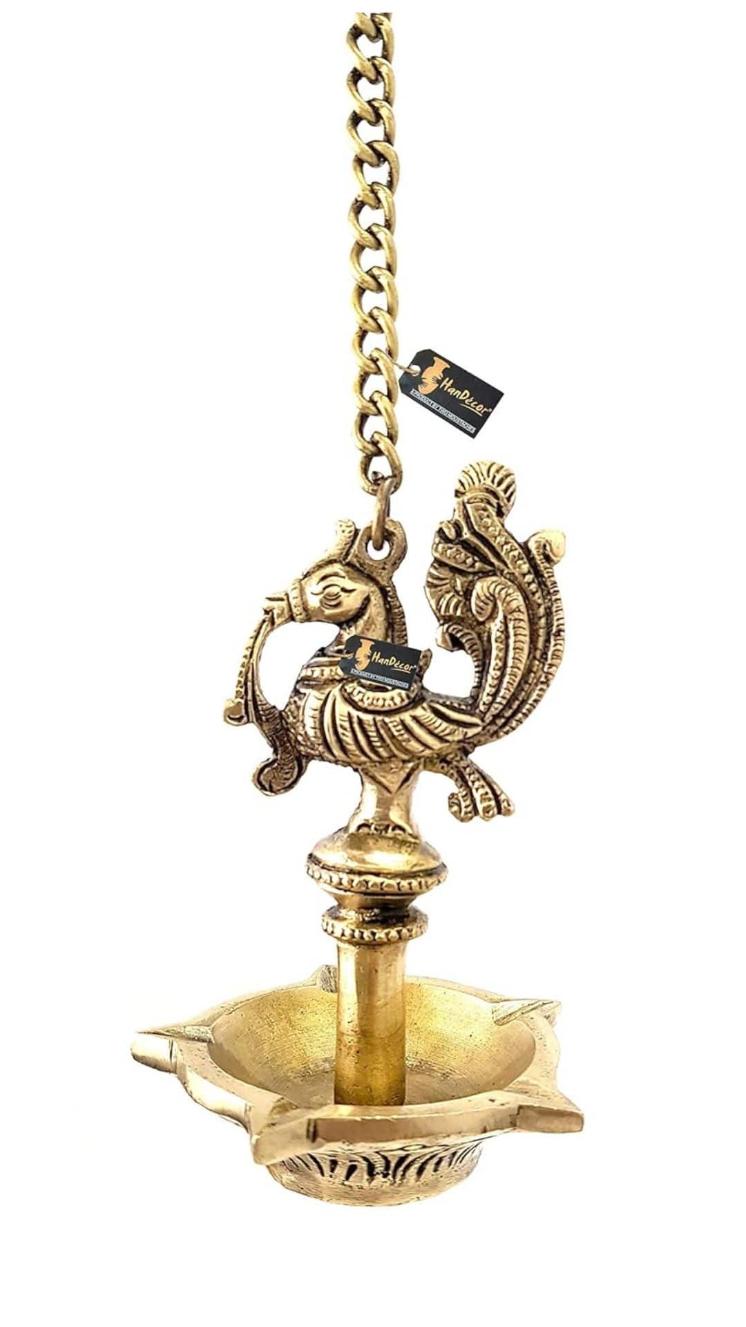 Two Moustaches Peacock Hanging Brass Diya