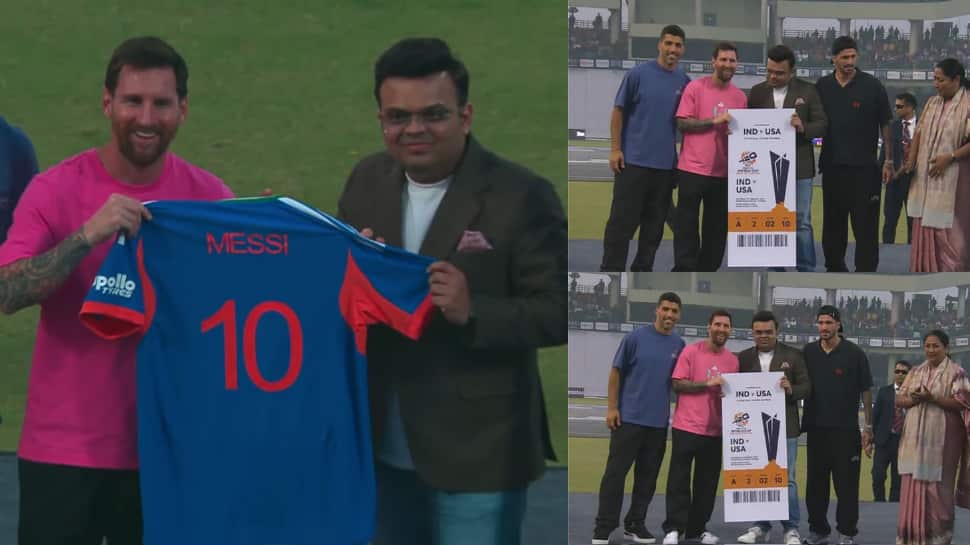 Jay Shah Presents Team India Jerseys And T20I World Cup Ticket To Lionel Messi, Suarez And De Paul In Arun Jaitley Stadium, Delhi