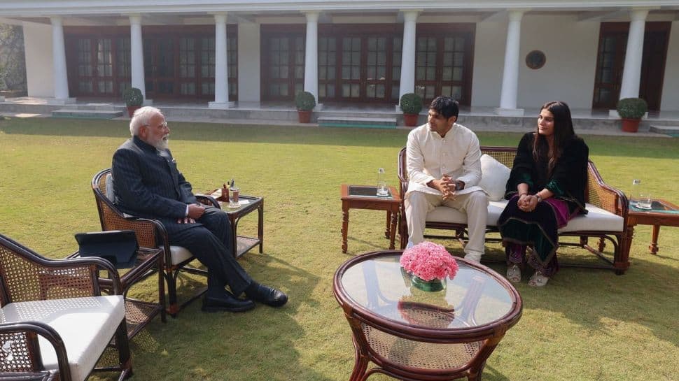 PM Modi Hosts Javelin Ace Neeraj Chopra, Wife Himani, At His Residence
