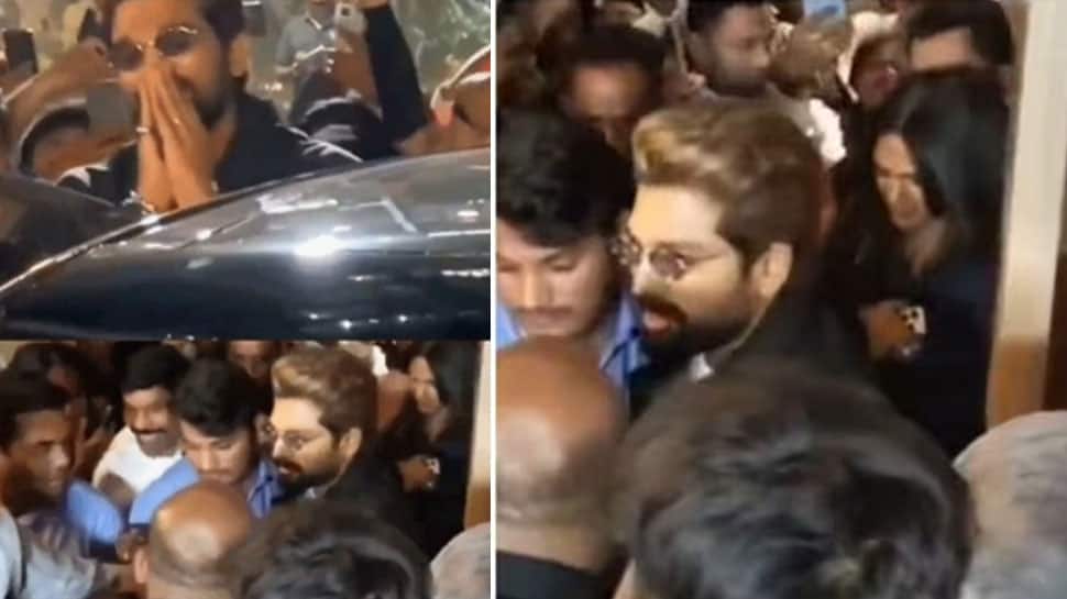 Allu Arjun Mobbed By Fans In Hyderabad, Holds Wife Tightly To Move Ahead Safely - Viral Video