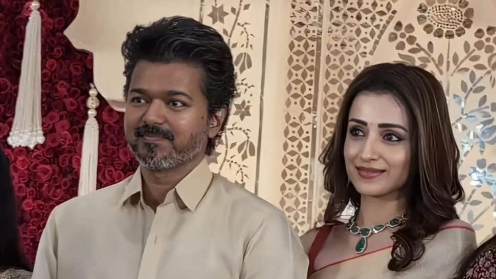 Actor and TVK chief Vijay and Trisha attend Kalpathi Suresh’s son’s wedding reception together, twin in beige outfits after wife Sangeeta files for divorce — WATCH