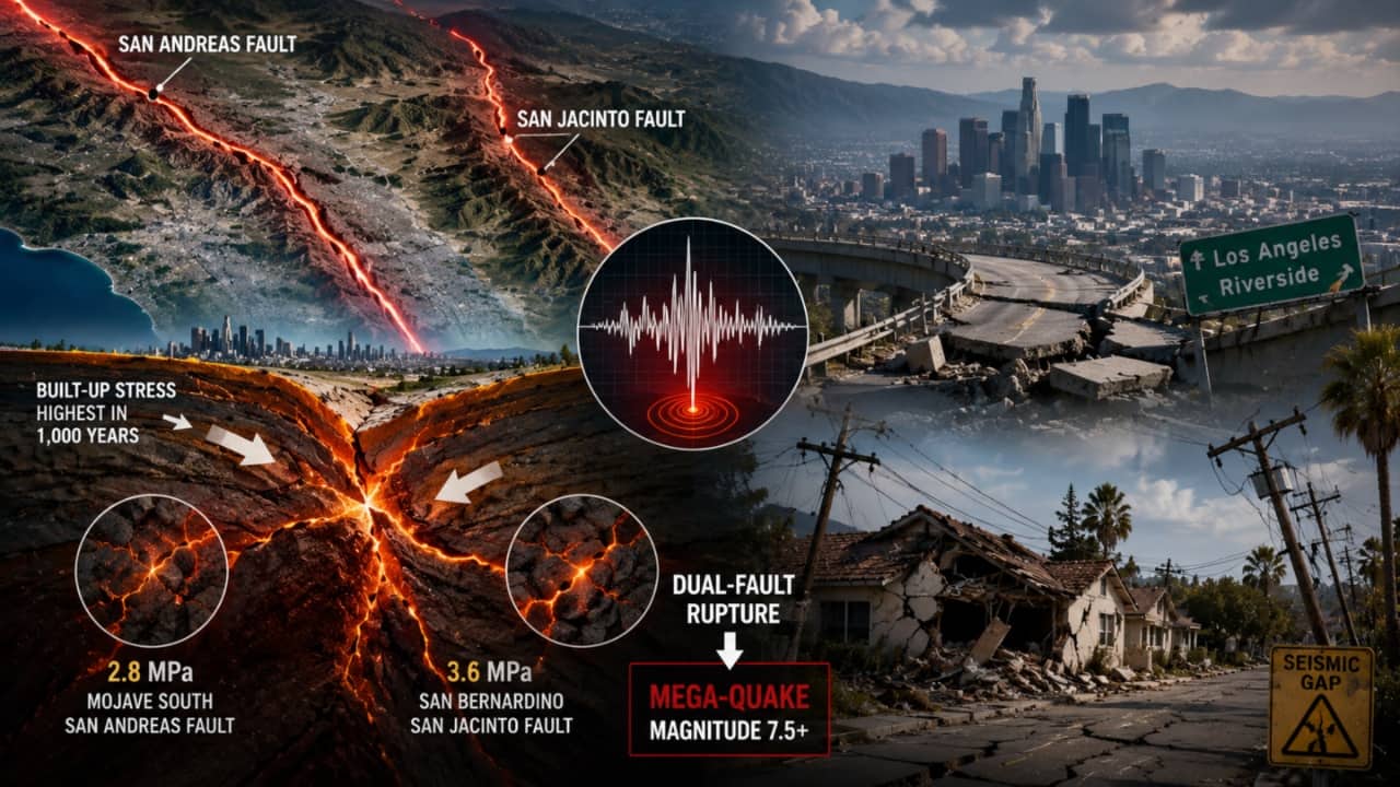 1,000-year simulation reveals southern California faults are critically locked and primed for magnitude 7.5+ mega-quake