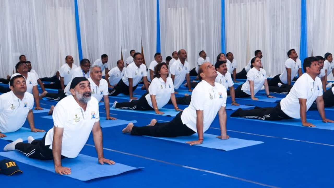 International Day of Yoga 2026: Defence Minister Rajnath Singh performs Yoga with around 1,000 soldiers at Eastern Air Command HQs in Shillong