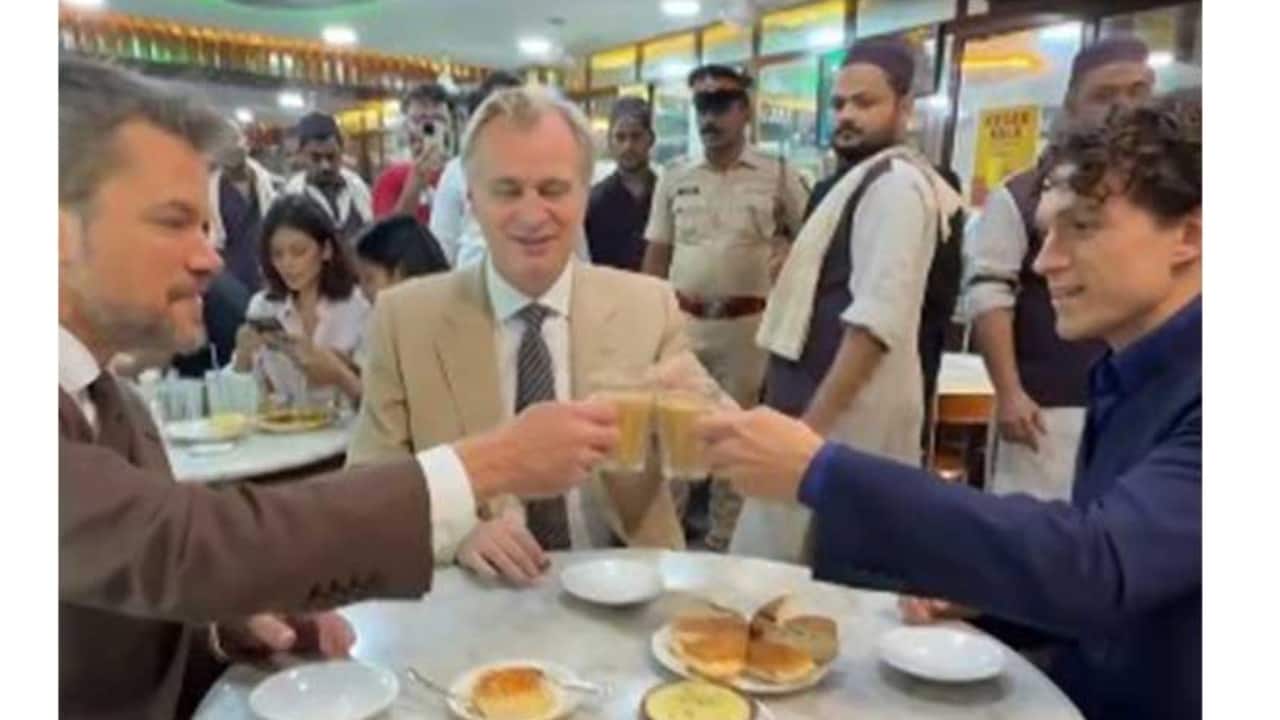 Christopher Nolan, Tom Holland, and Matt Damon enjoy Bun Maska in Mumbai ahead of 'The Odyssey' India premiere