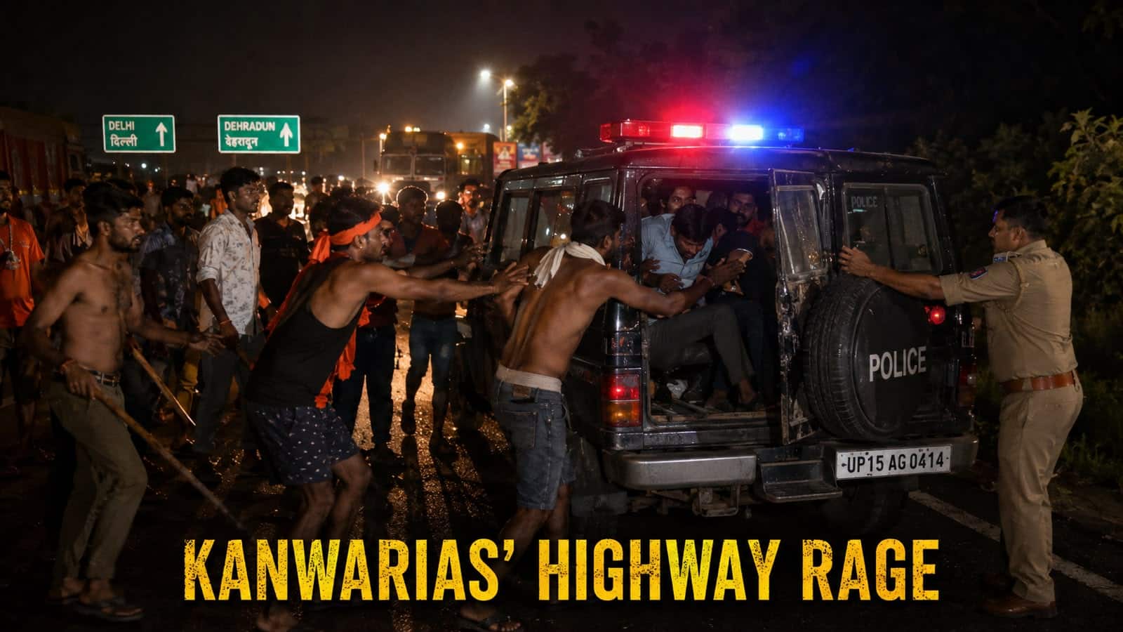 Meerut viral video: Kanwarias assault two men pulled from police vehicle on Delhi-Dehradun Highway; police issue clarification