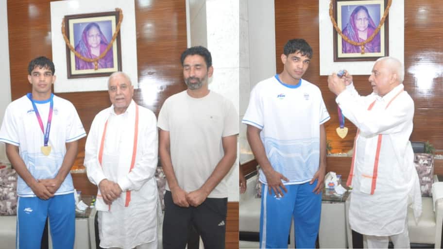 Dr Subhash Chandra meets CWG 2026 gold medallist Ankush Panghal after historic boxing triumph