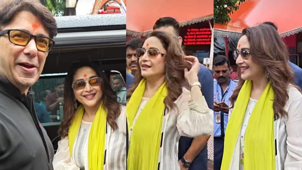 Madhuri Dixit seeks Bappa’s blessings with husband Dr Shriram Nene at Siddhivinayak Temple
