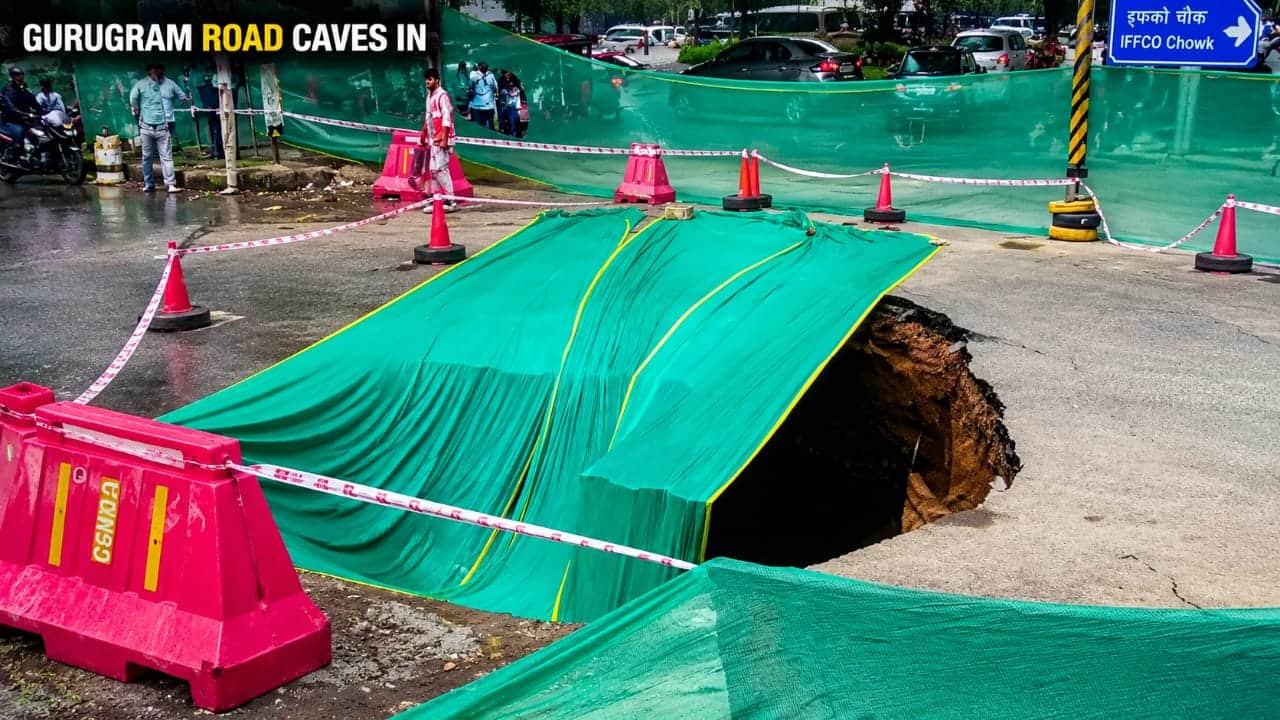 Gurugram road caves in at IFFCO Chowk after heavy rain spun chaos across the city | VIRAL VIDEO