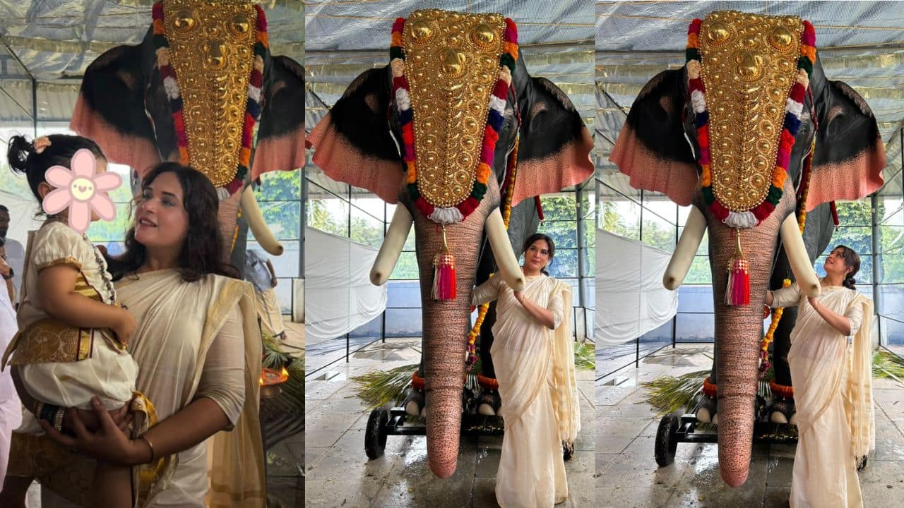 Richa Chadha celebrates Onam with daughter at Kerala Temple, gifts mechanical elephant