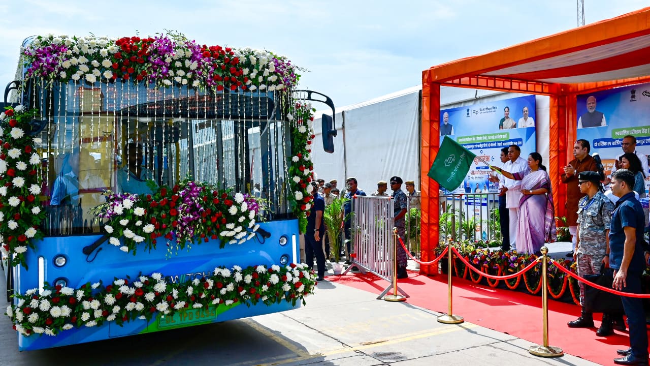Delhi CM Rekha Gupta flags off 50 electric buses, launches Delhi-Rewari e-bus service