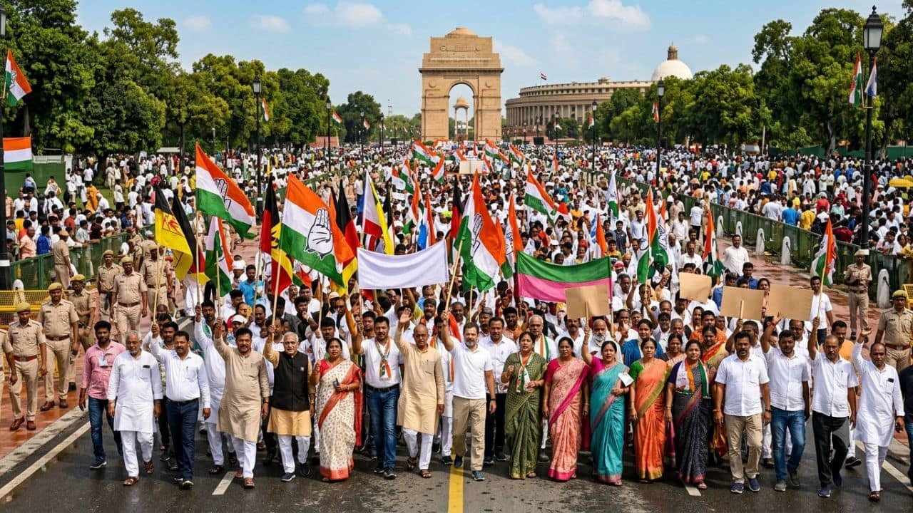 In pictures: Barricades, tricolours and slogans: INDIA bloc MPs march to EC