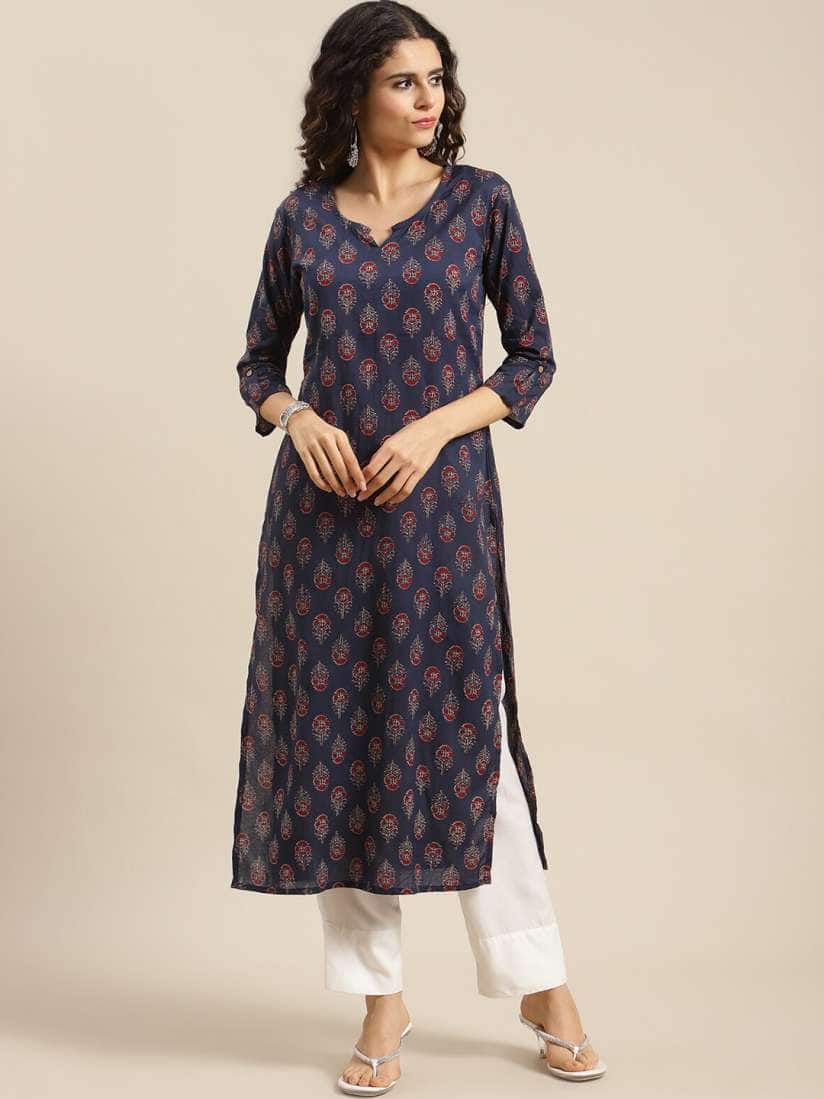 Varanga Women Navy Blue &amp; Red Ethnic Motifs Printed Kurta