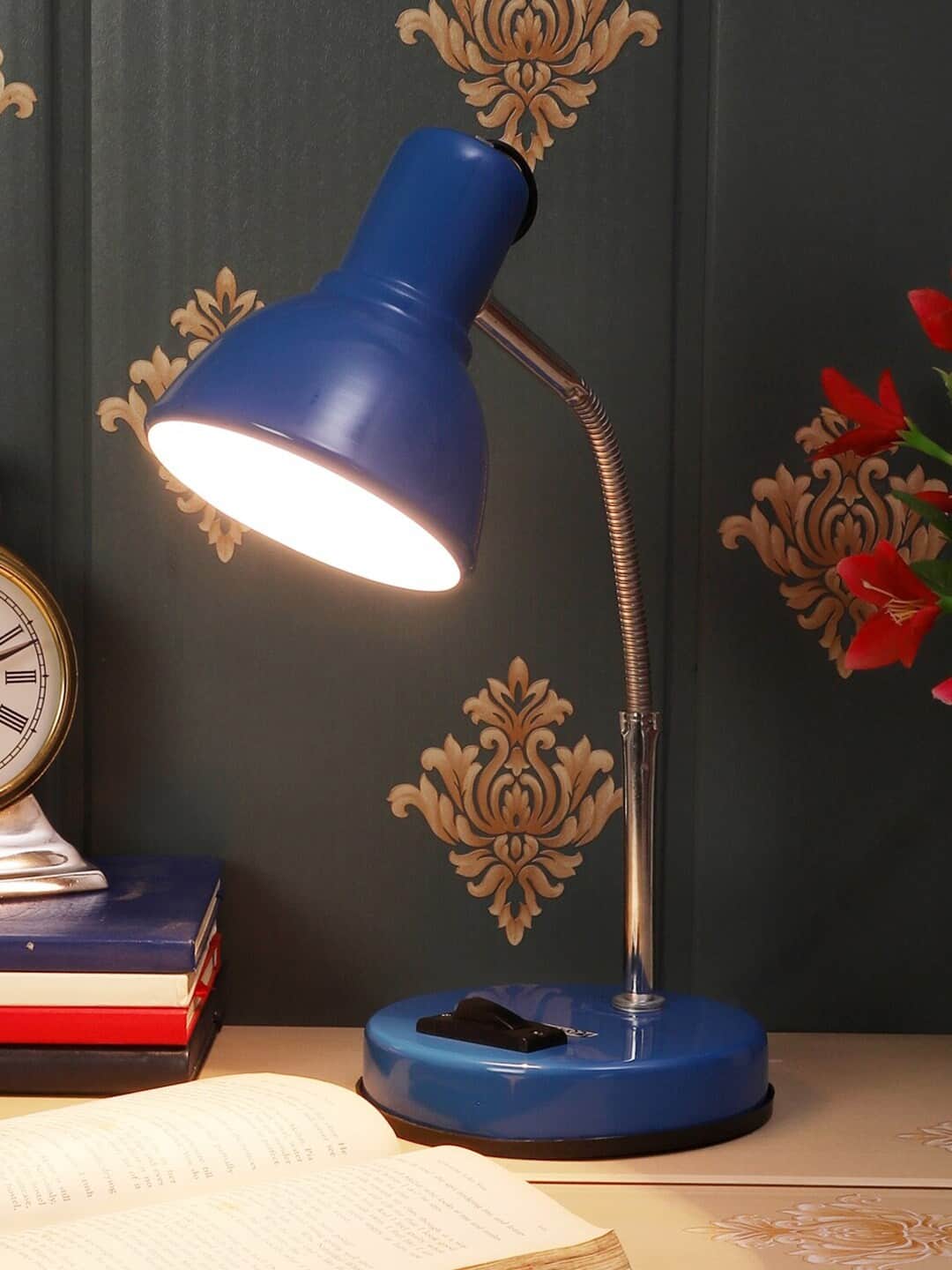 MFD HOME FURNISHING: Blue & Silver-Toned Solid Traditional Study Table Lamp MFD HOME FURNISHING: Blue & Silver-Toned Solid Traditional Study Table Lamp