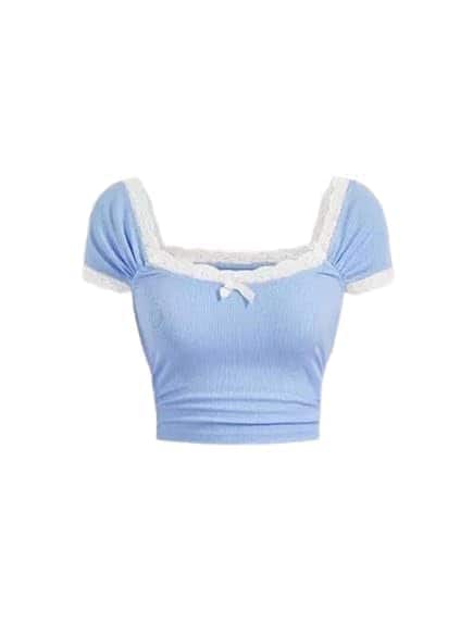 2 Pc Collection Half Sleeves Solid Designer Lace Lycra Top