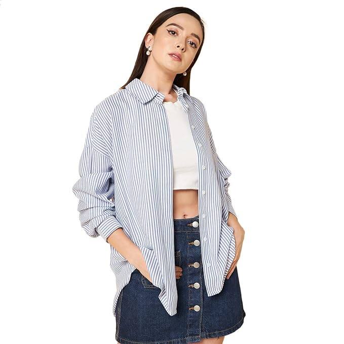 High Star Women Oversized Striped Cotton Casual Shirt