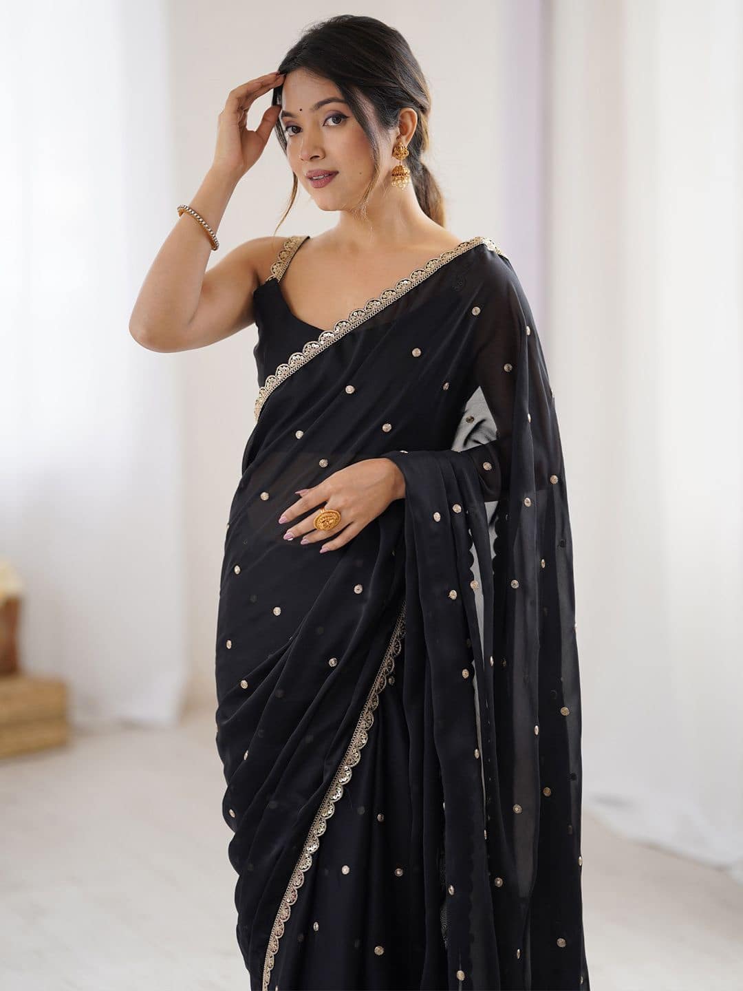 Saree Mall Embellished Sequinned Floral Pure Georgette Sare