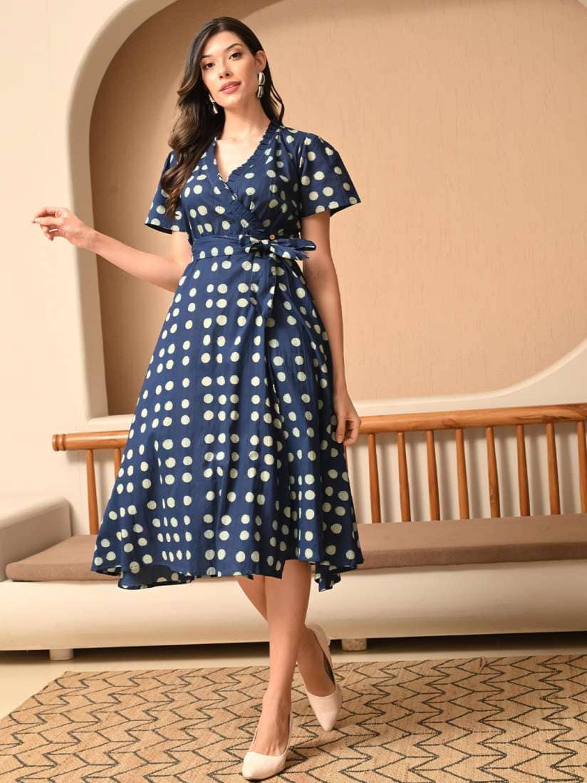 Sangria Polka Dot Printed Cotton A‑Line Wrap Midi Dress Sangria Polka Dot Printed Cotton A‑Line Wrap Midi Dress