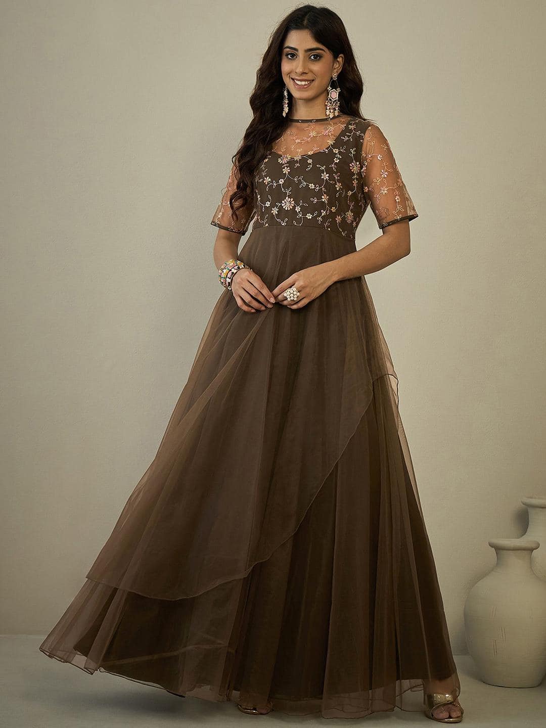 Inddus Floral Embroidered A Line Dress
