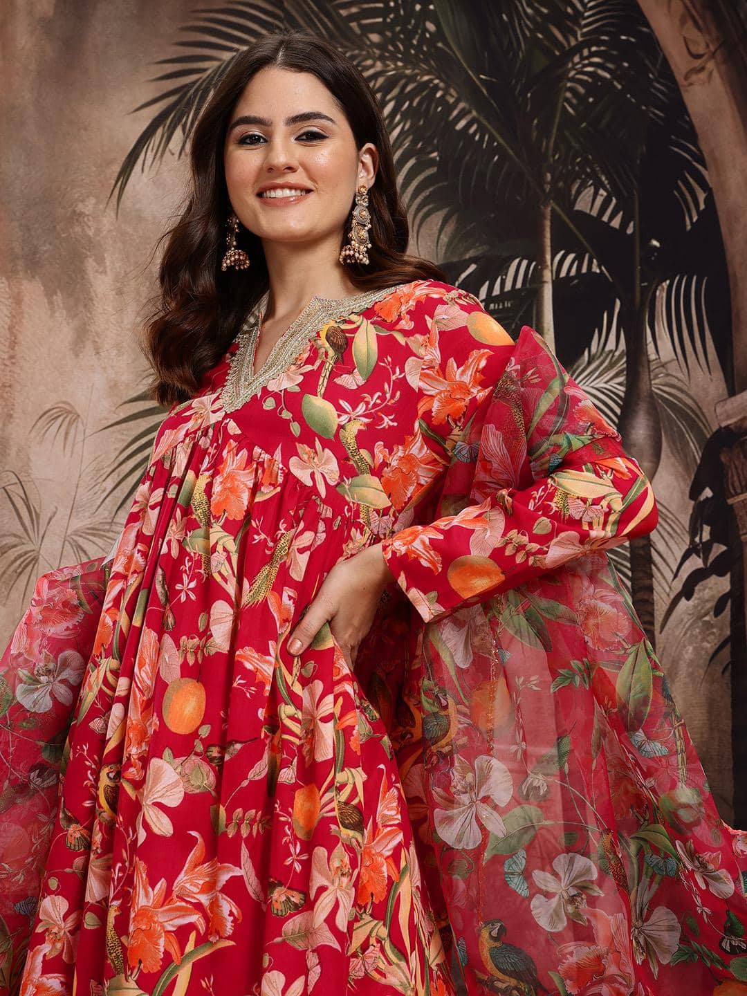 Sangria Floral Print Empire Kurta With Sharara & Dupatta Sangria Floral Print Empire Kurta With Sharara & Dupatta