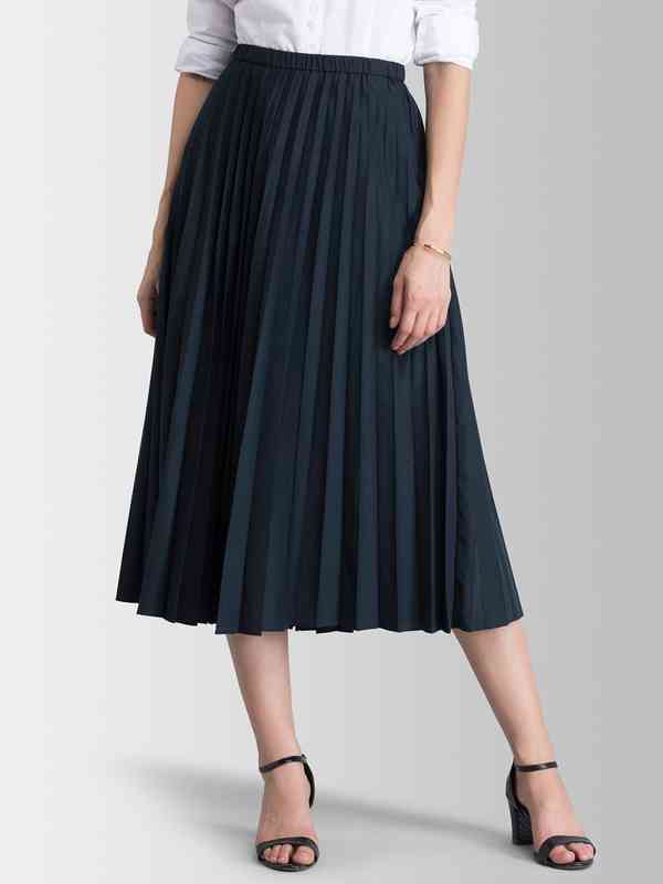 FableStreet Black Pleated Flared Midi Skirt
