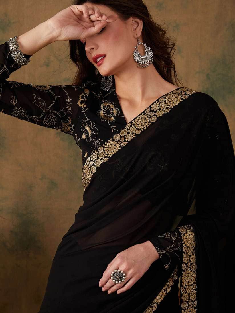 Sangria Solid Embroidered Saree