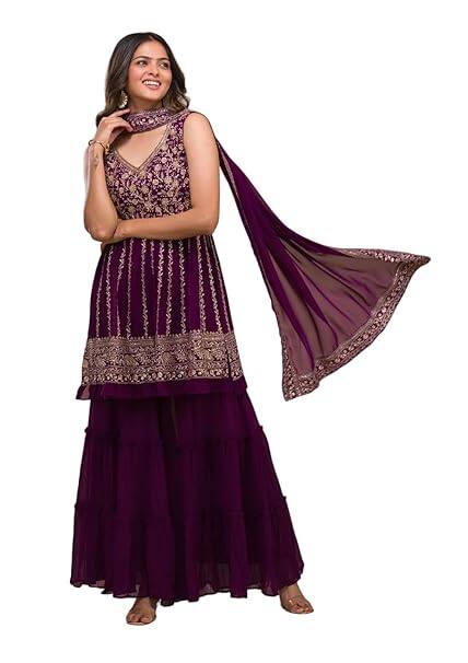 Xomantic Fashion Purple Zariwork Georgette Sharara Suit