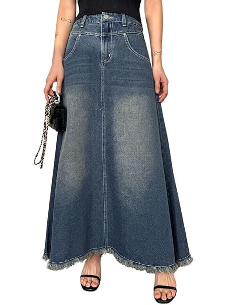 ECIILooks Women's High Waist Denim Maxi Skirt GRECIILOOKS Women's High Waist Denim Maxi Skirt
