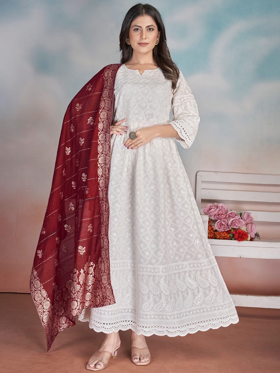 ZIRVI Chikankari Pure Cotton Kurta with Palazzos &amp; Dupatta
