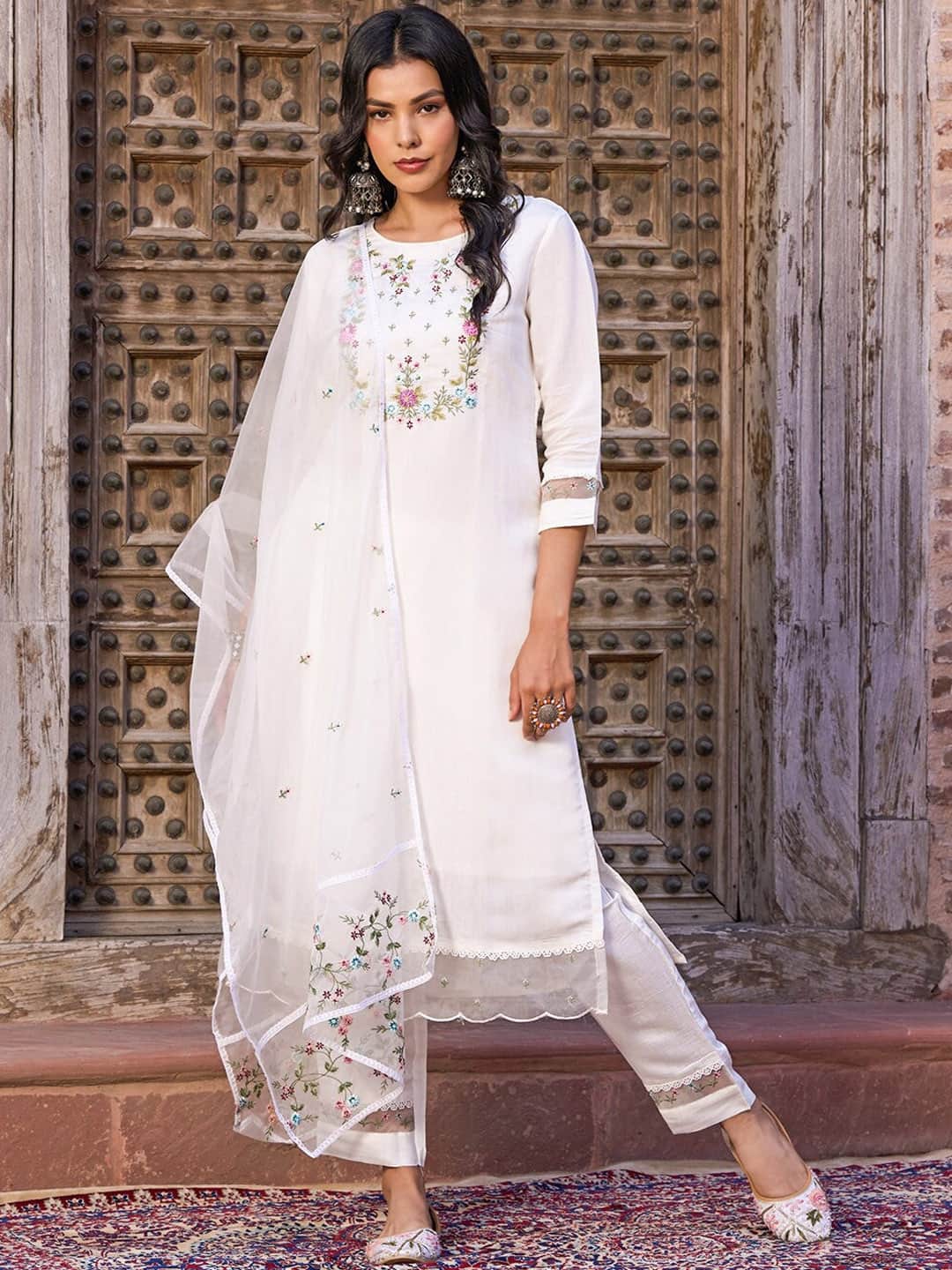 TWINS LADY Chanderi Silk Embroidered Kurta with Trousers &amp; Dupatta
